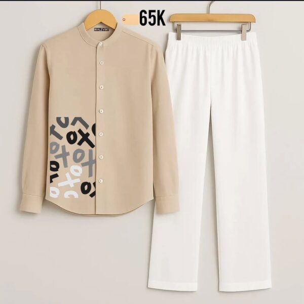 Beige Typographic Mandarin Collar Set